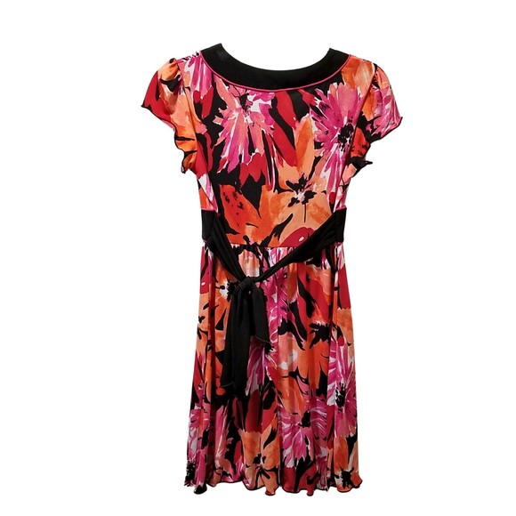 Speechless Pink Orange Black Floral V-Neck Tie Dress Size M - Picture 2 of 4